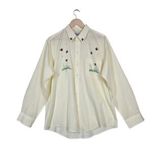 Vintage Las Olas Butterfly Embroidered Button Shirt L Yellow Stripe Cottagecore